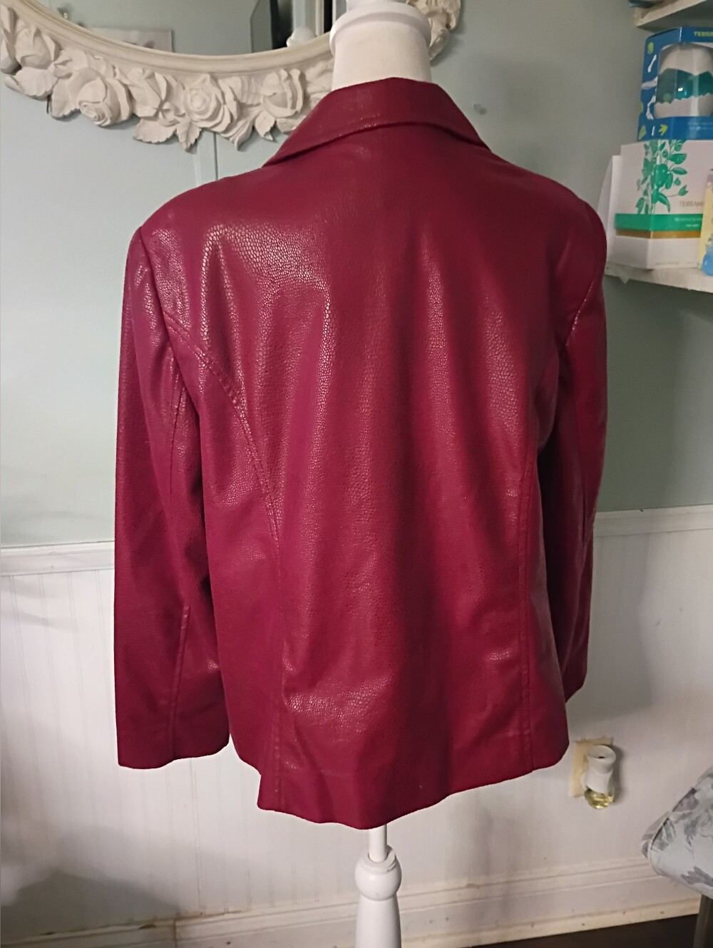 Kim Rogers Deep Berry Faux Leather Open-Front Jacket - Picture 2 of 11